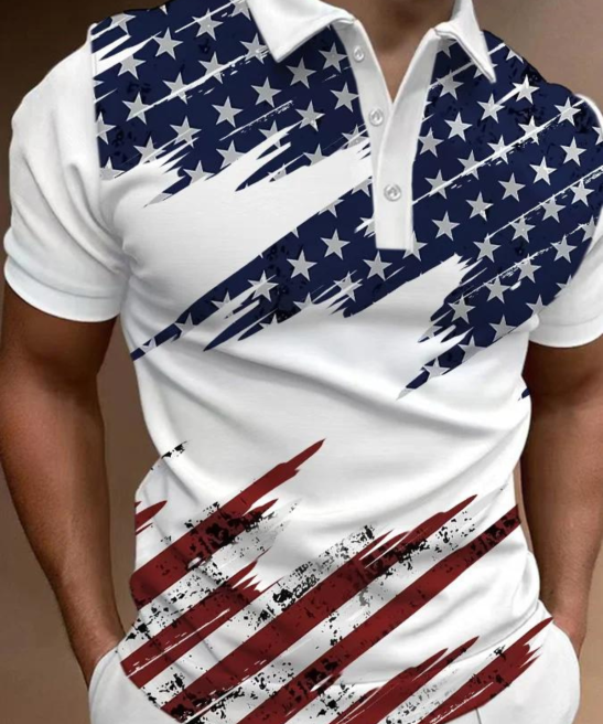 Retro Flag Print Casual Polo Shirt